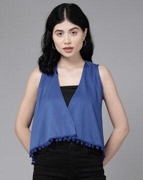 front-open shrug with bobble trim