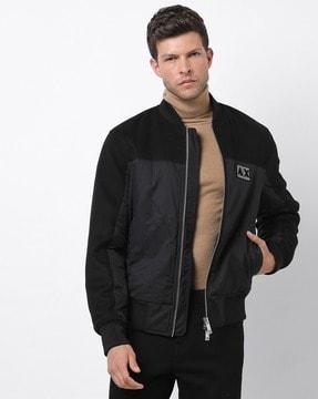 front-open zip-up jacket with flocked logo patch