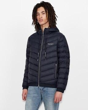 front-open zip-up puffer down jacket with logo print & diagonal quilting