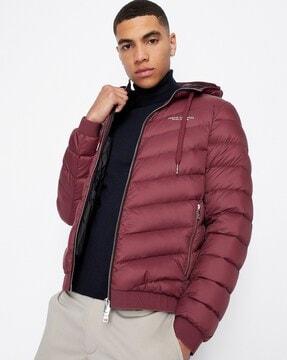 front-open zip-up puffer down jacket with logo print & diagonal quilting