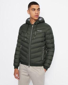 front-open zip-up puffer down jacket with logo print & diagonal quilting