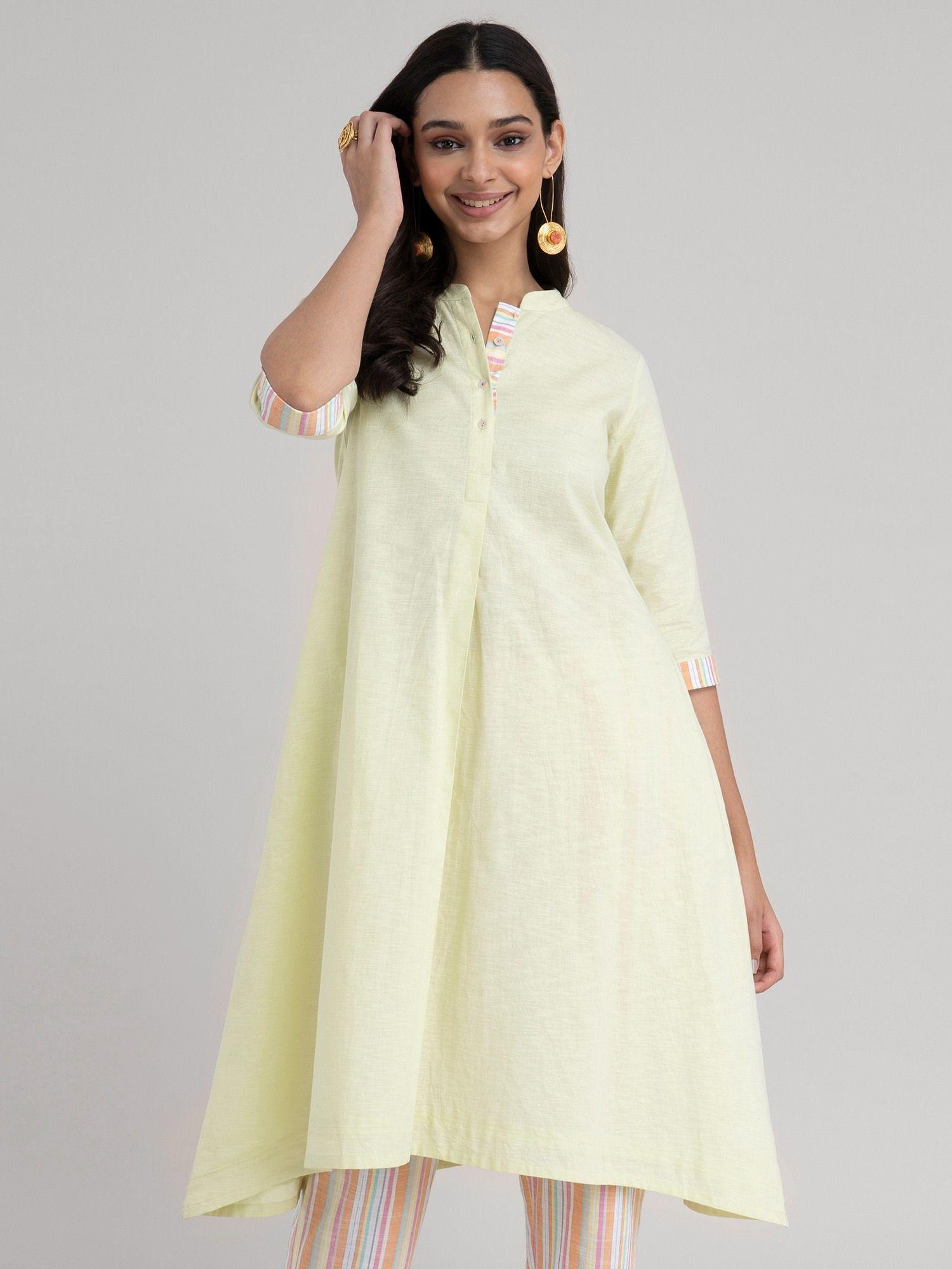 front pleat striped cotton kurta lime green