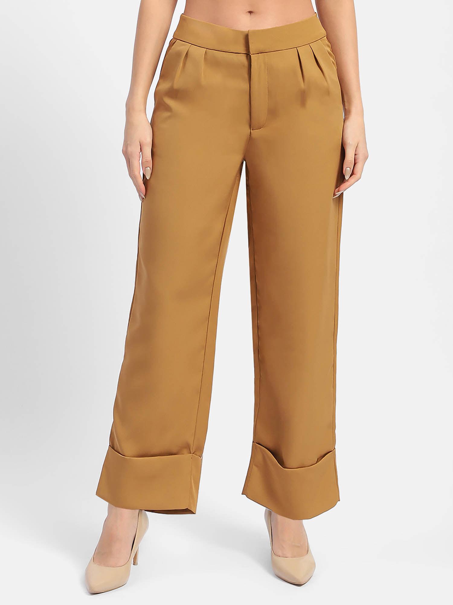 front pleated brown rolled hem trousers