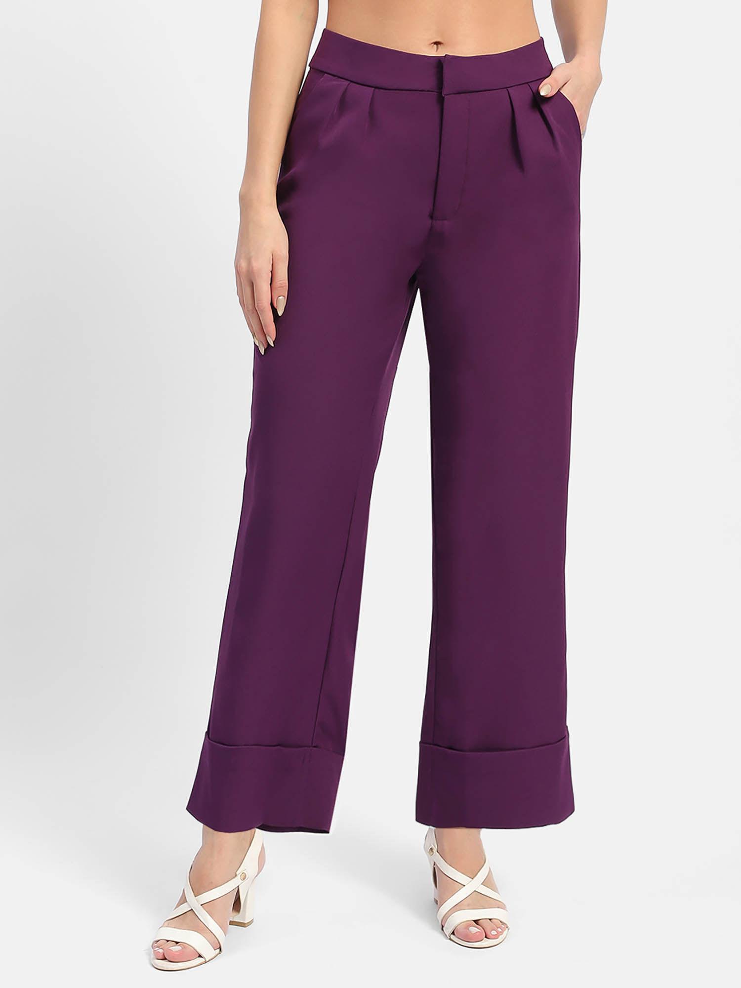 front pleated purple rolled hem trousers