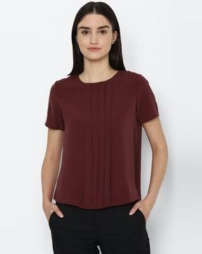 front-pleated round-neck top