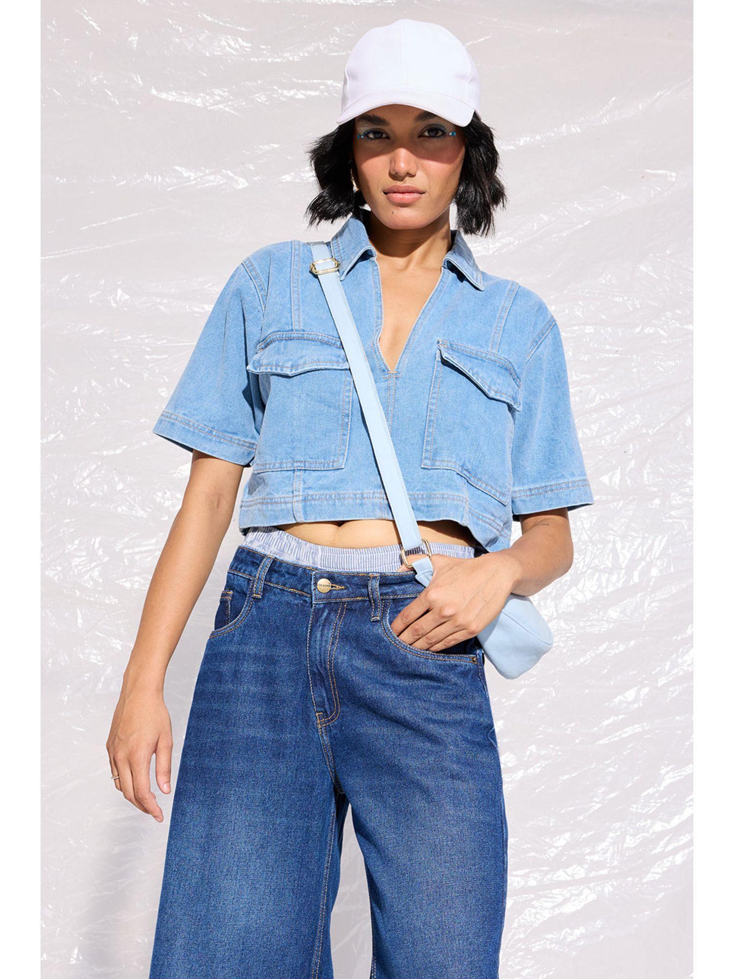 front pocket denim crop top