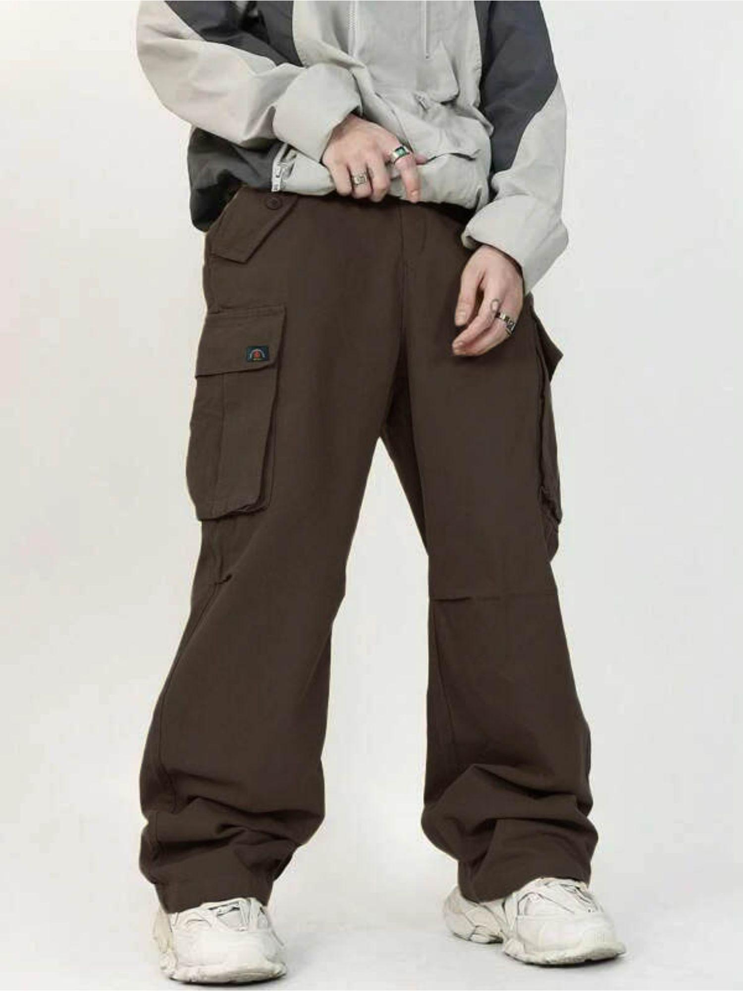 front pocket drawstring parachute cargo pants brown