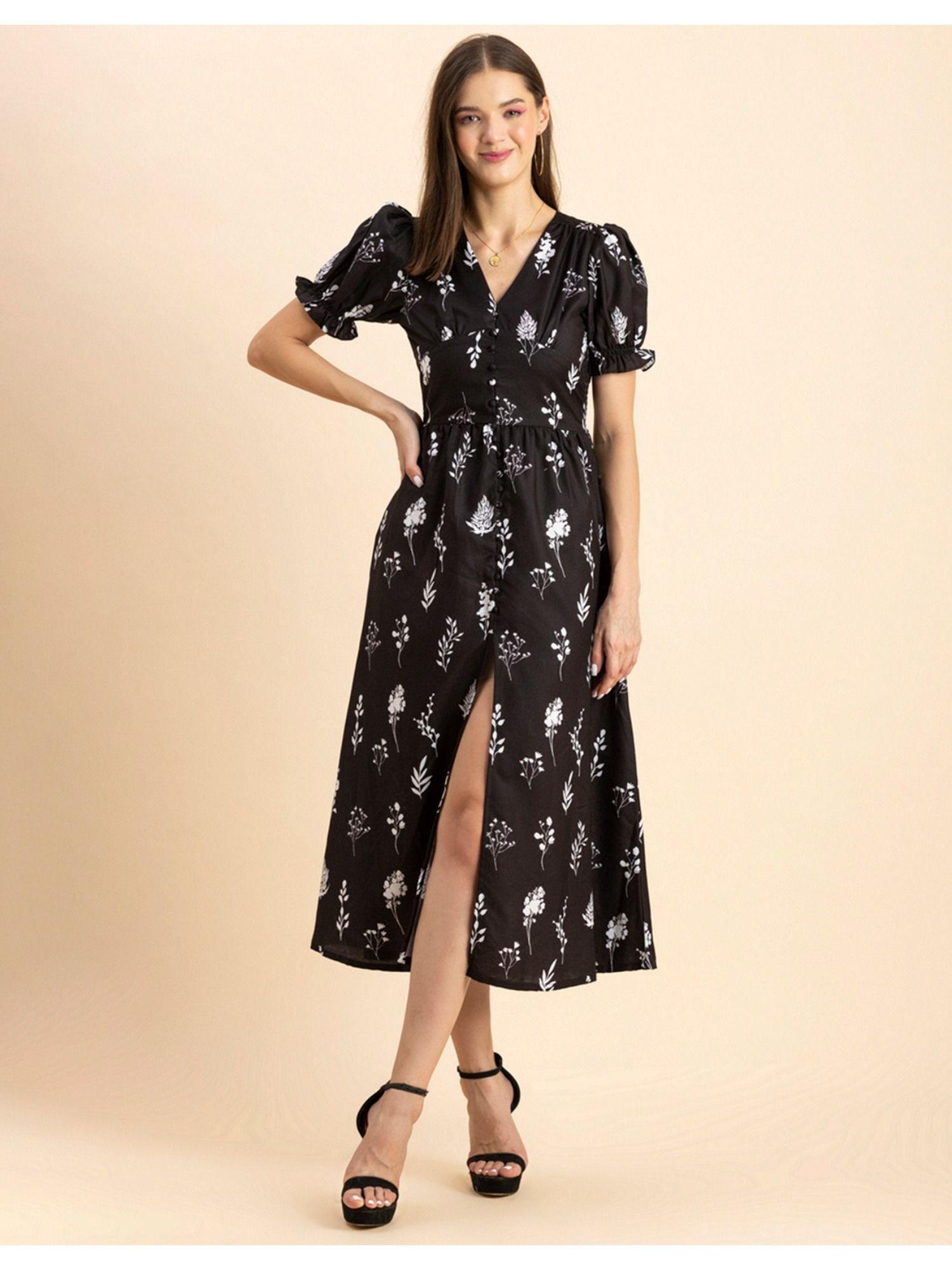 front slit puffed sleeves midi dress