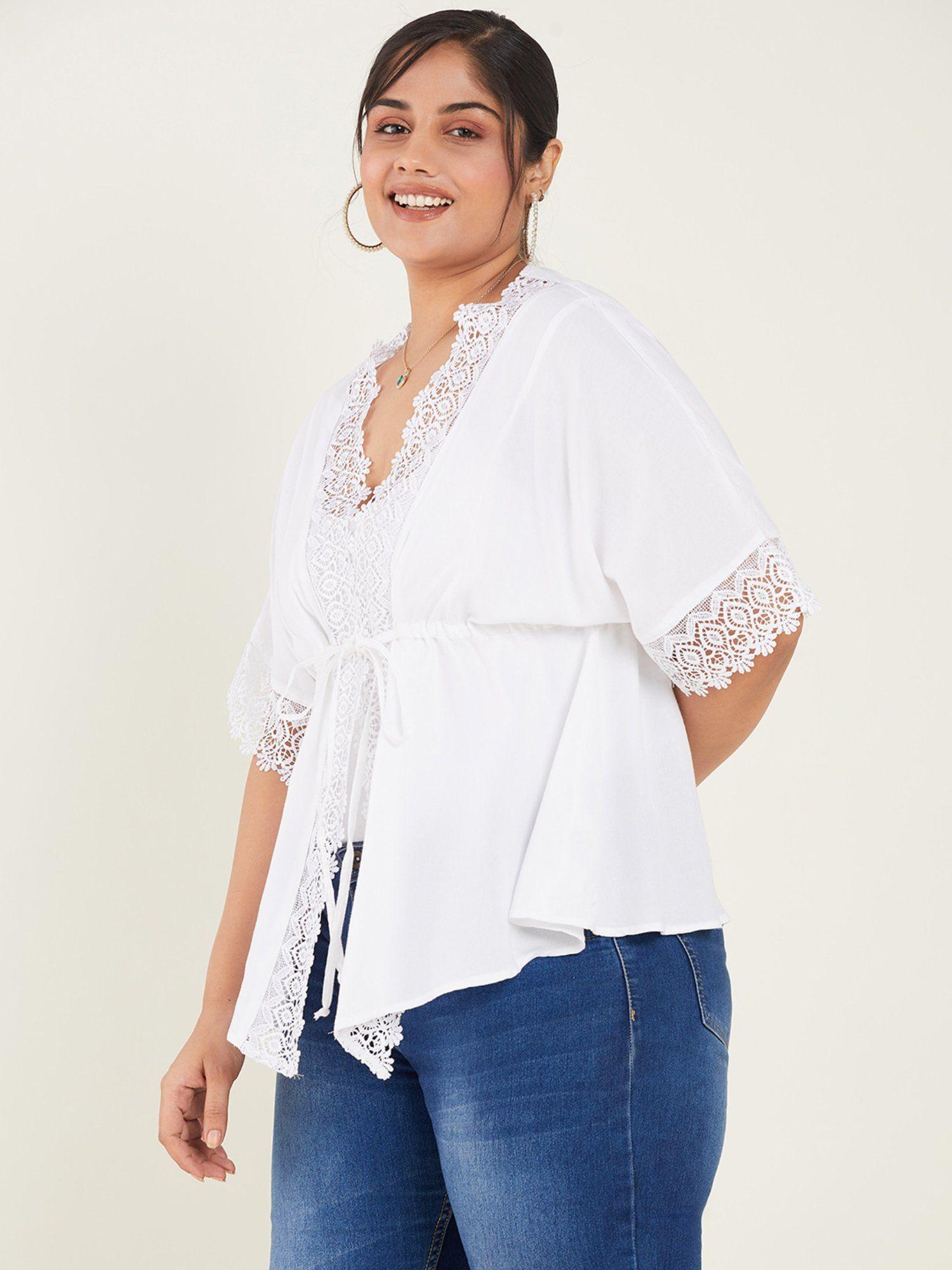 front string tie-up lace detailing white shrug