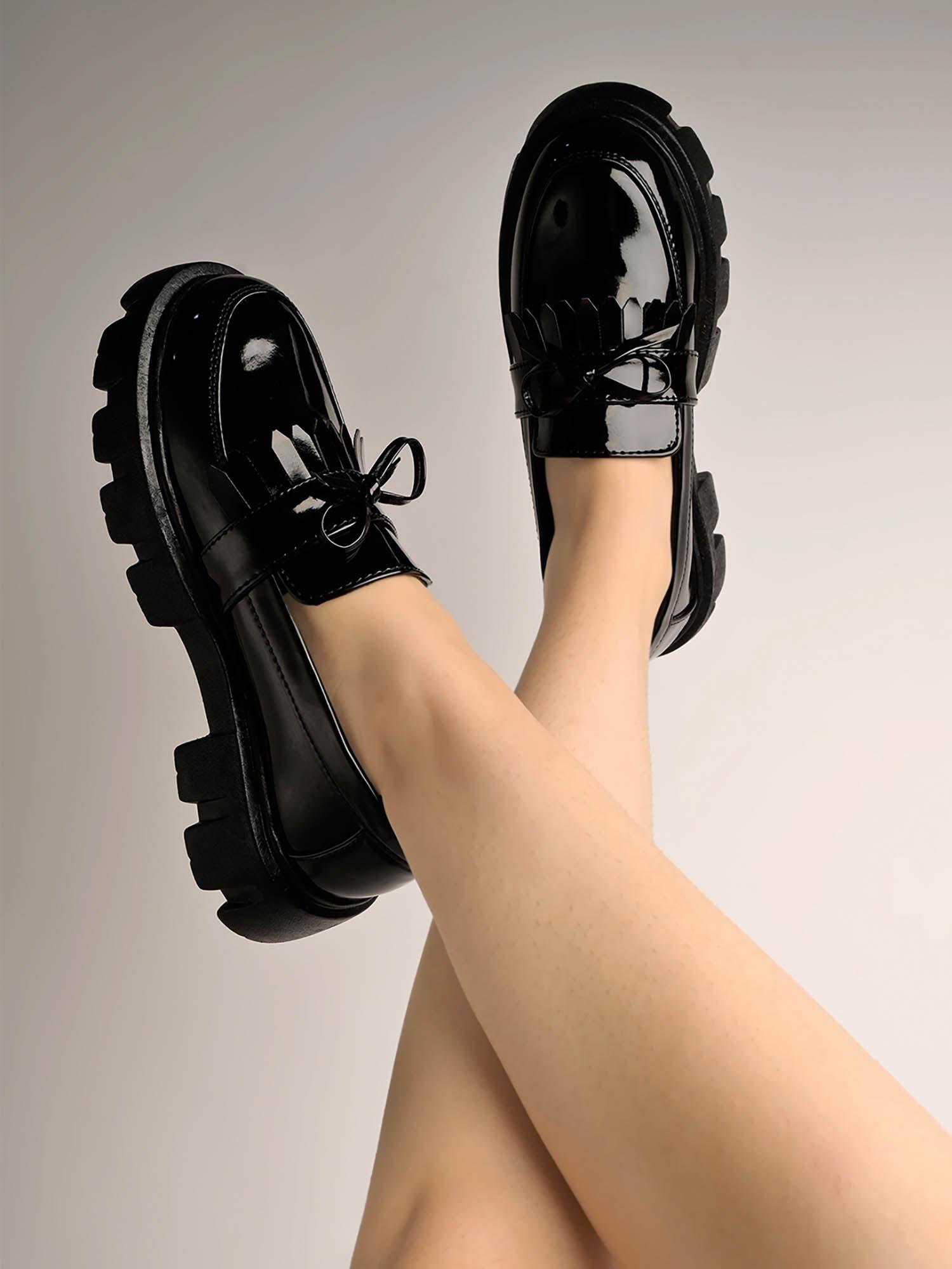 front tie detailed black loafers for women