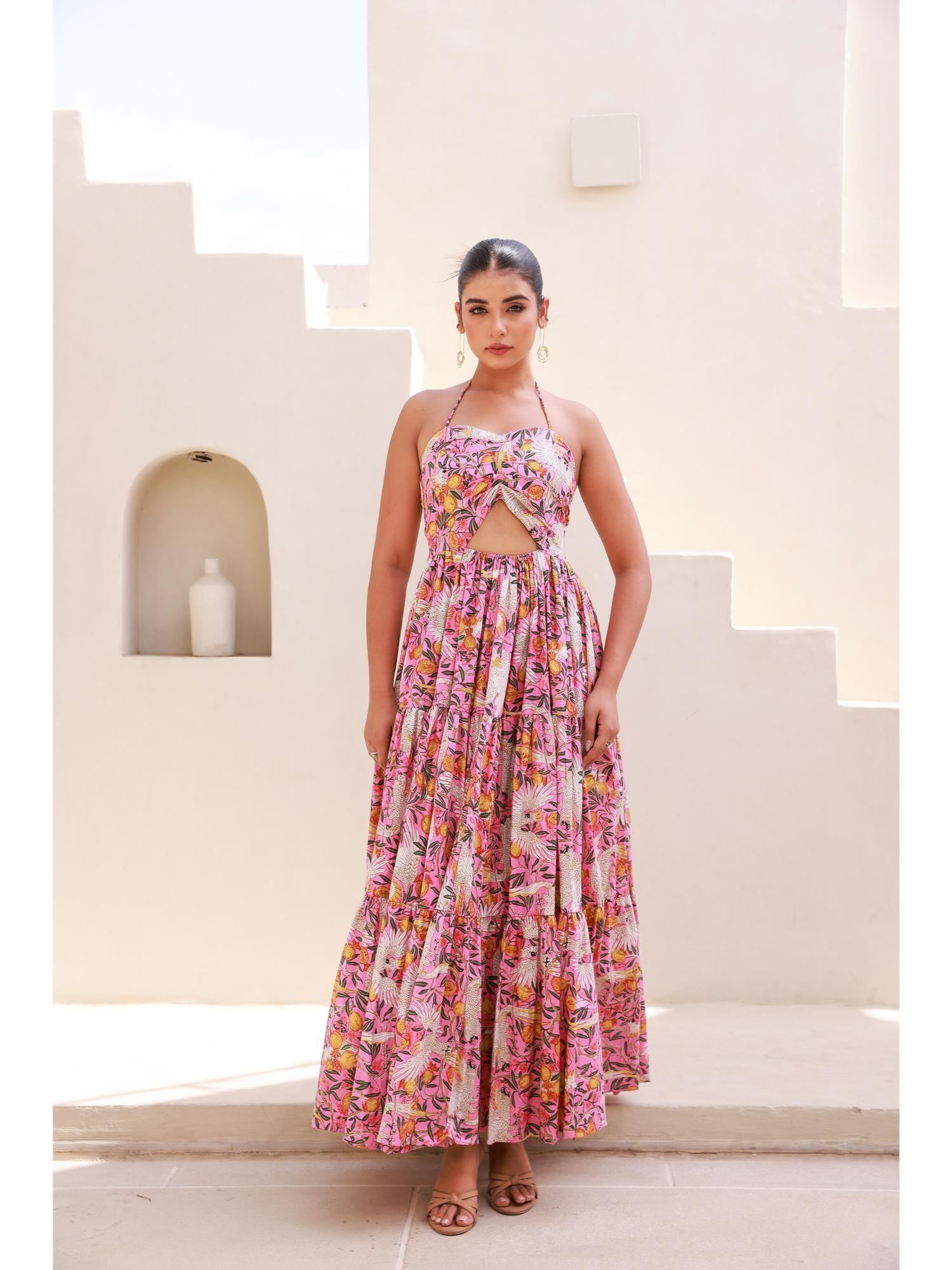 front waist cut-out halter strap pink printed maxi dres