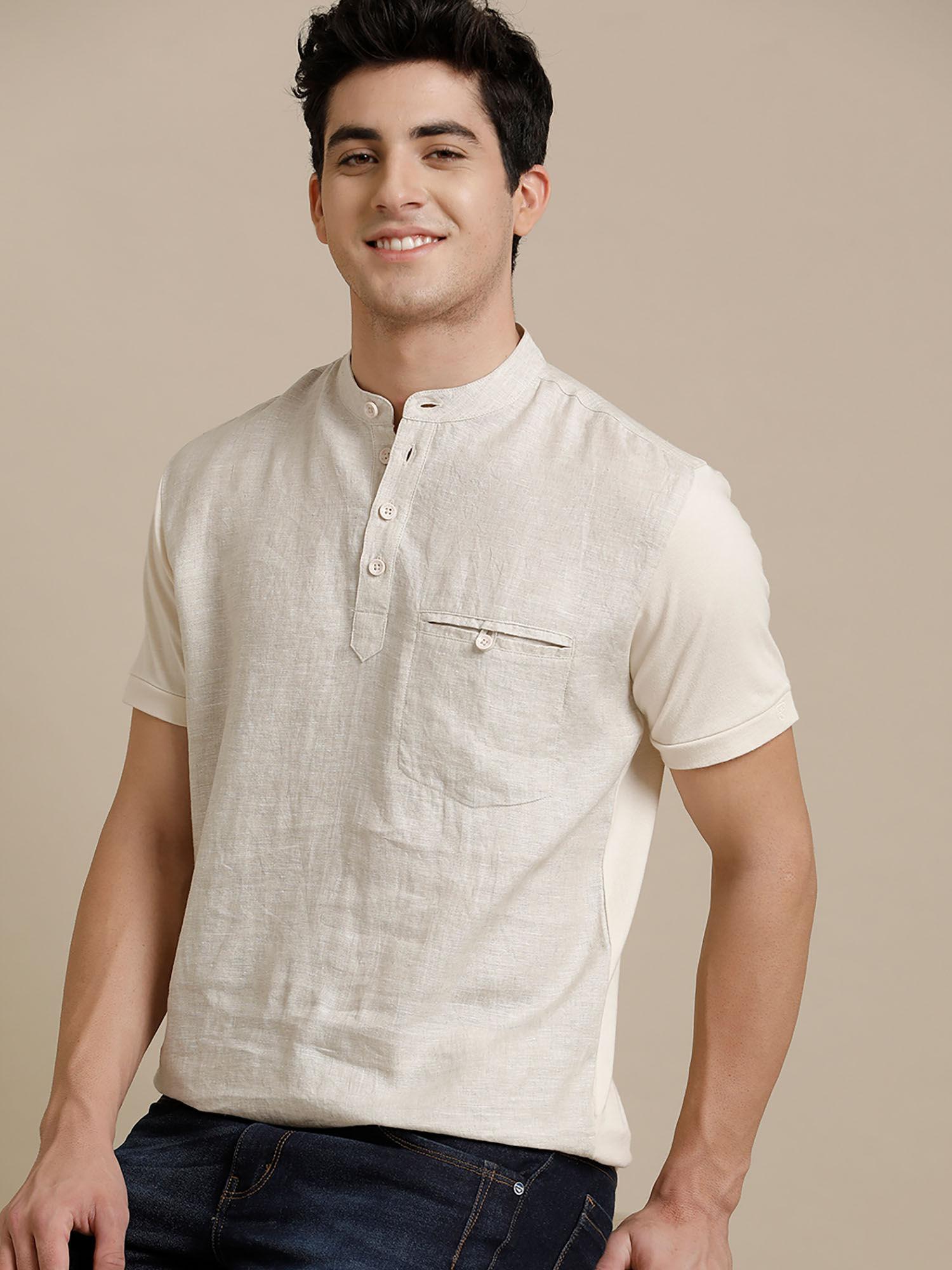 front woven back knit welt pocket beige solid half sleeve t-shirt for men