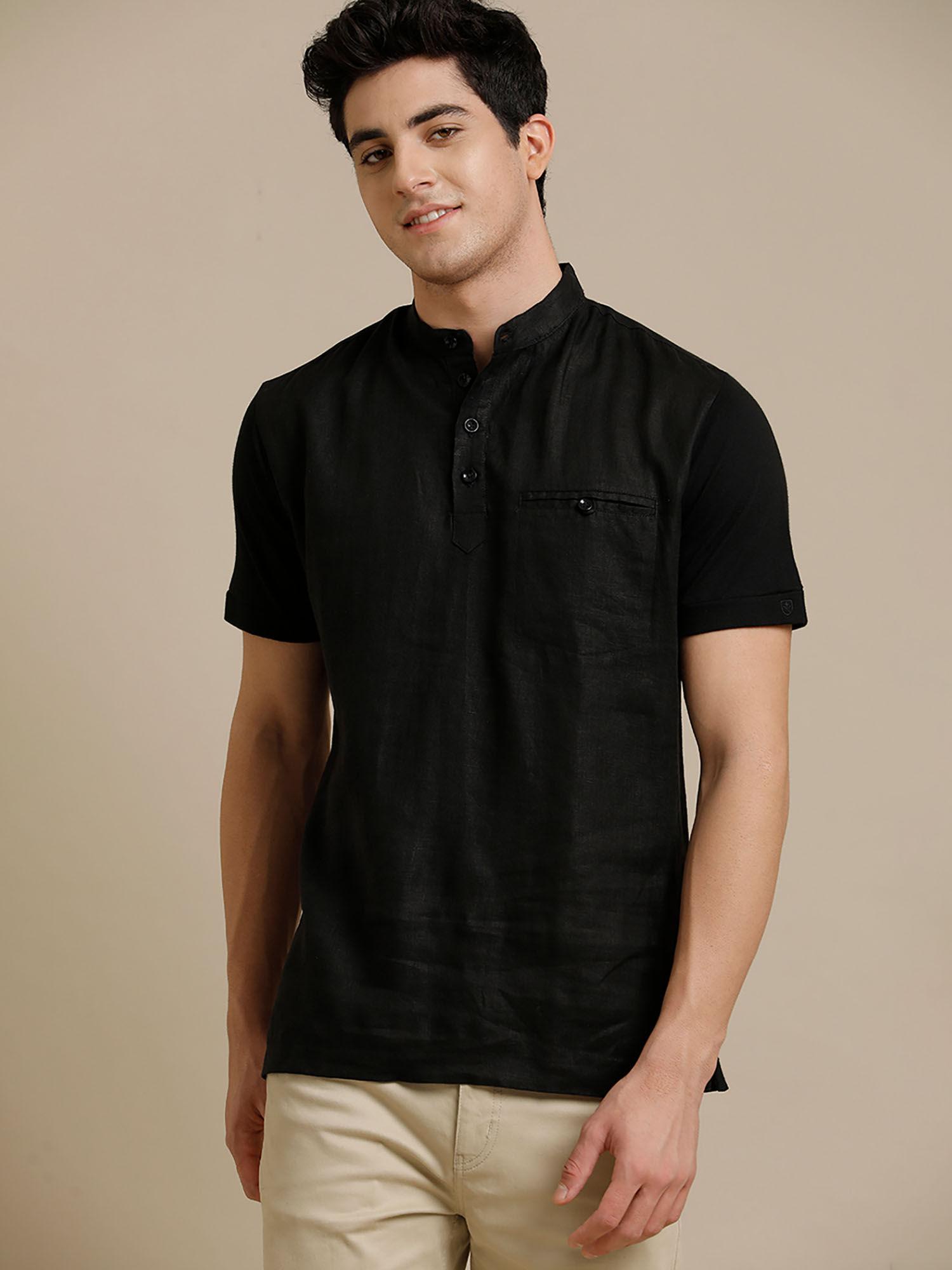 front woven back knit welt pocket black solid half sleeve t-shirt for men