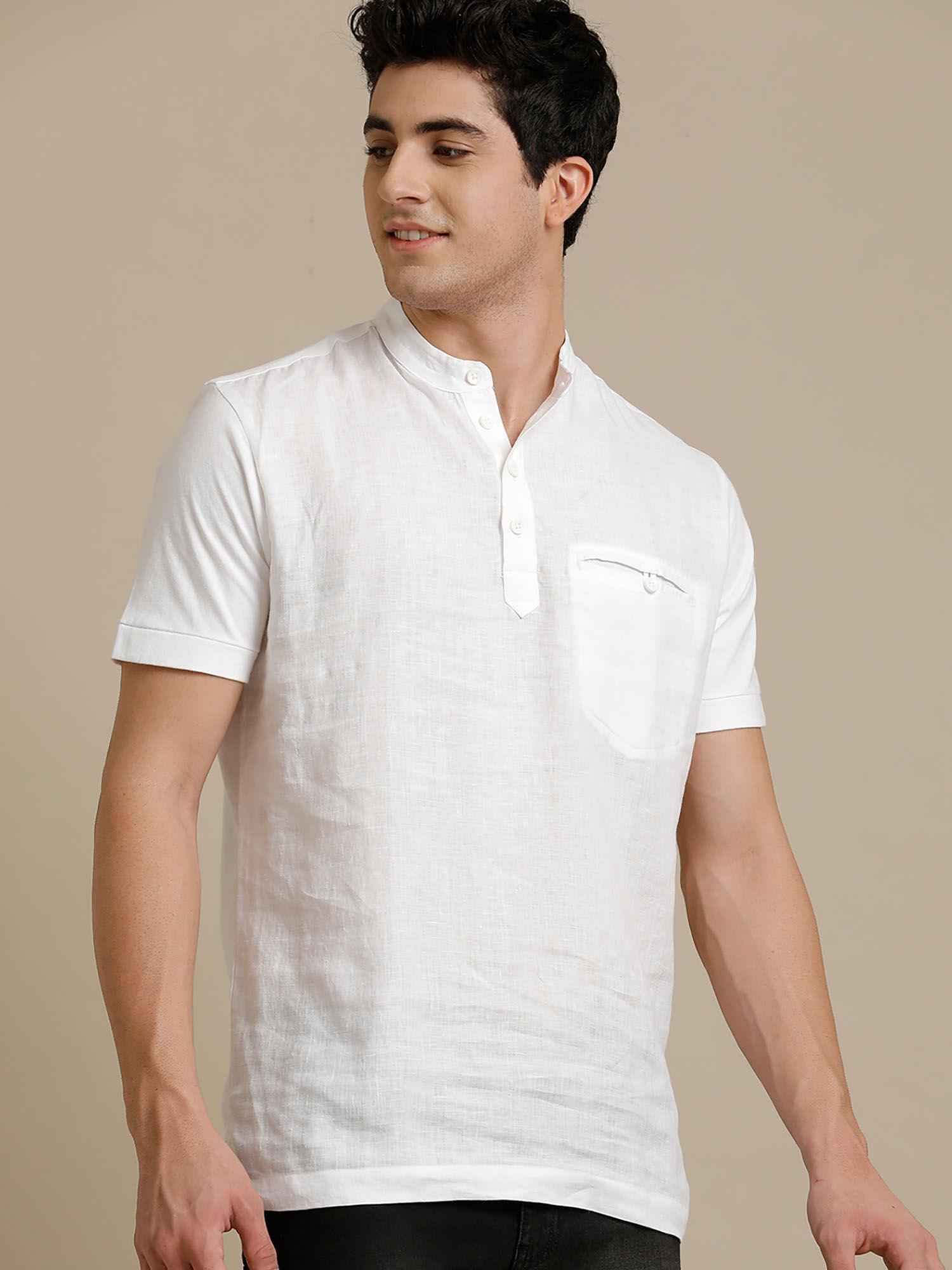 front woven back knit welt pocket white solid half sleeve t-shirt for men