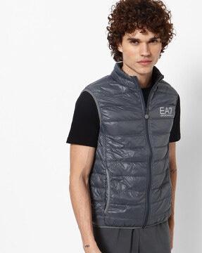 front-zip sleeveless down waistcoat with contrast logo