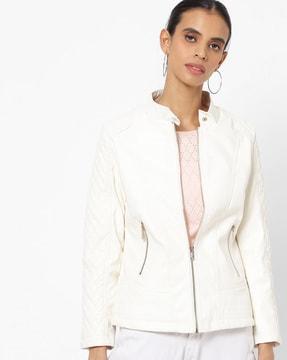 front-zip jacket with quilted sleeves