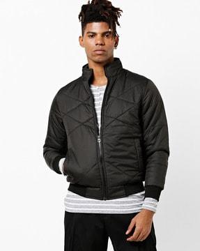 front-zip quilted jacket with ribbed hems