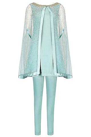frost blue embellished front open cape, shirt and pants set