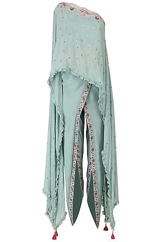 frost blue one shoulder embroidered cape with dhoti pants set