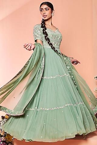 frost green embroidered anarkali set