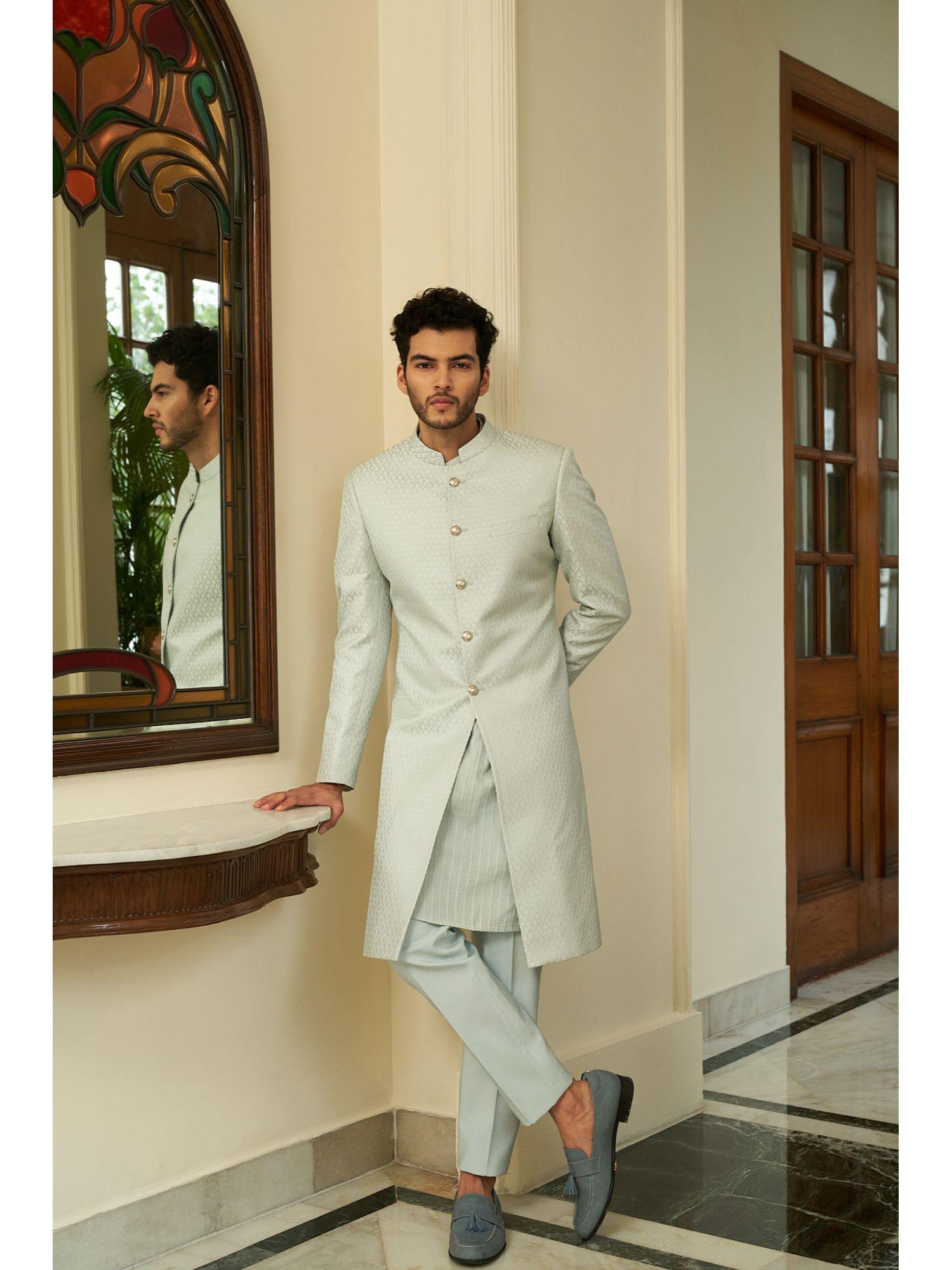 frosted mint sherwani with kurta & pant (set of 3)