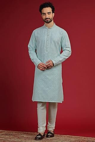 frosty mint silk blend chikankari embroidered kurta set