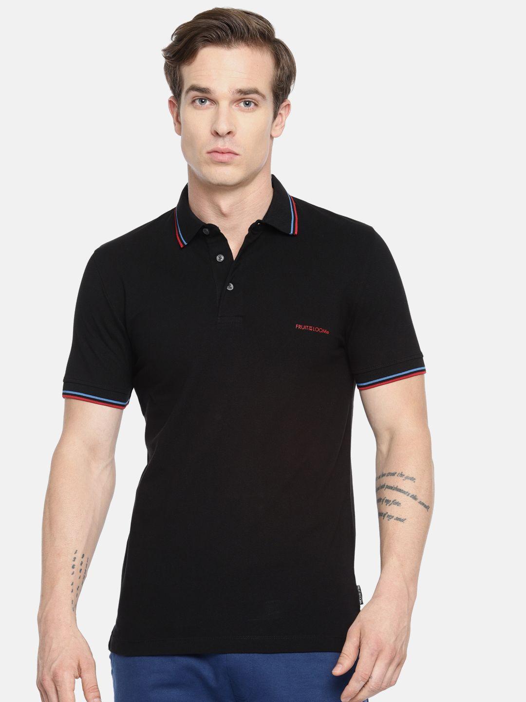 fruit of the loom men black solid polo collar t-shirt