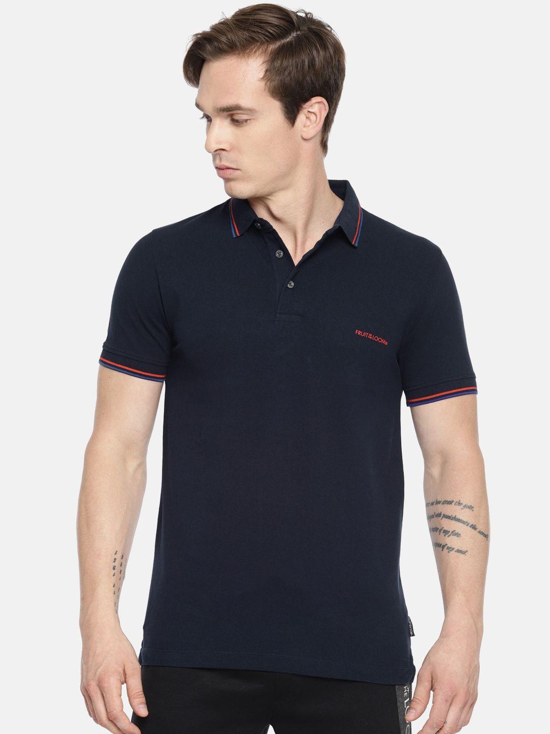 fruit of the loom men navy blue solid polo collar t-shirt