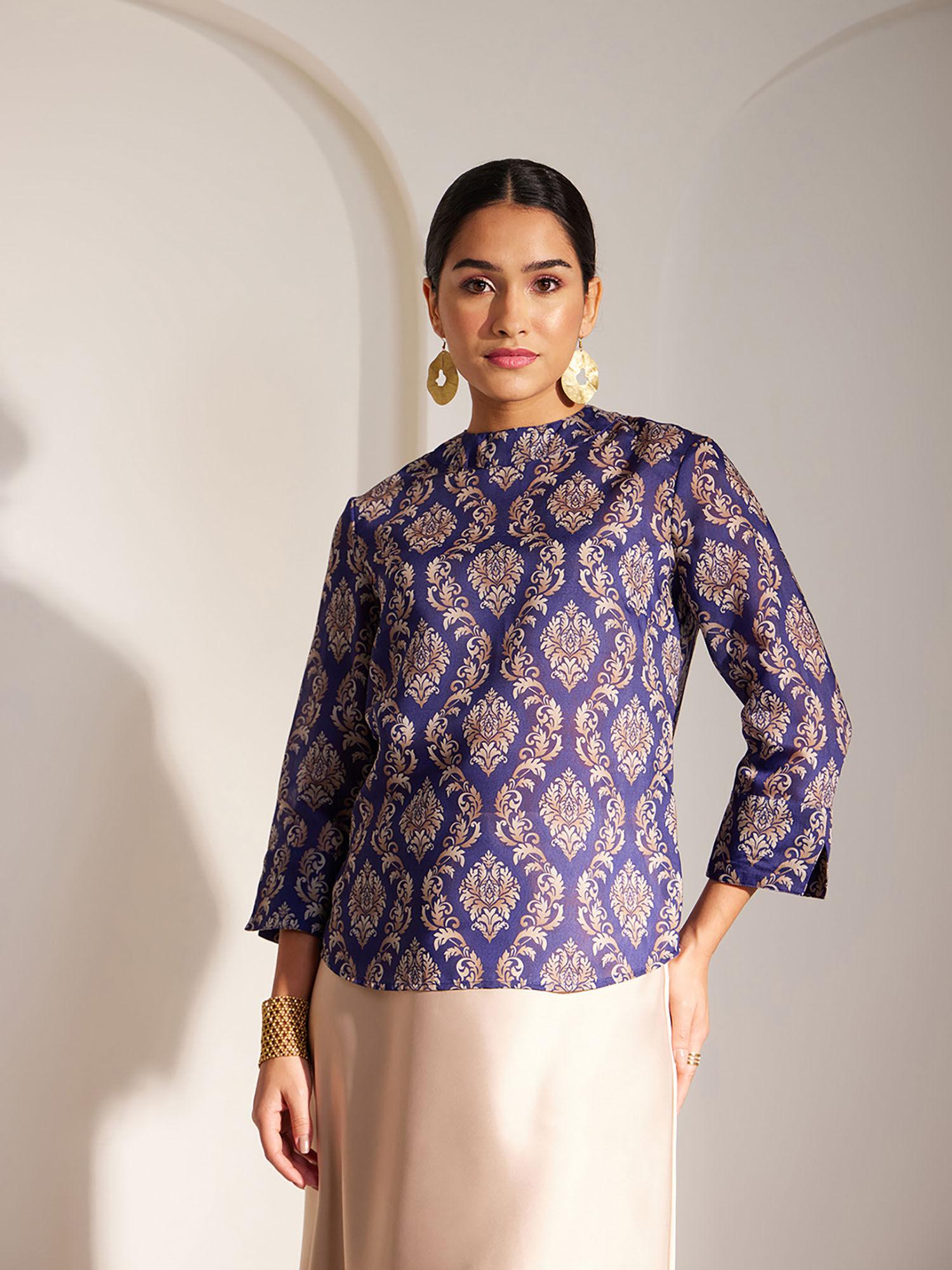 fs x pf chanderi indian motifs top - blue