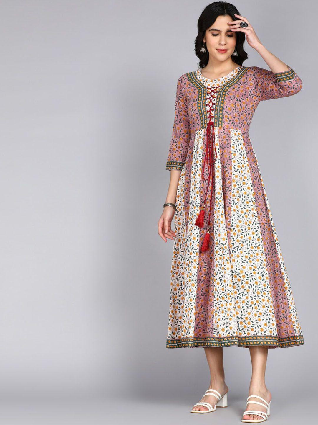 ftdiva ethnic motifs printed tie-up detail pure cotton fit & flare dress