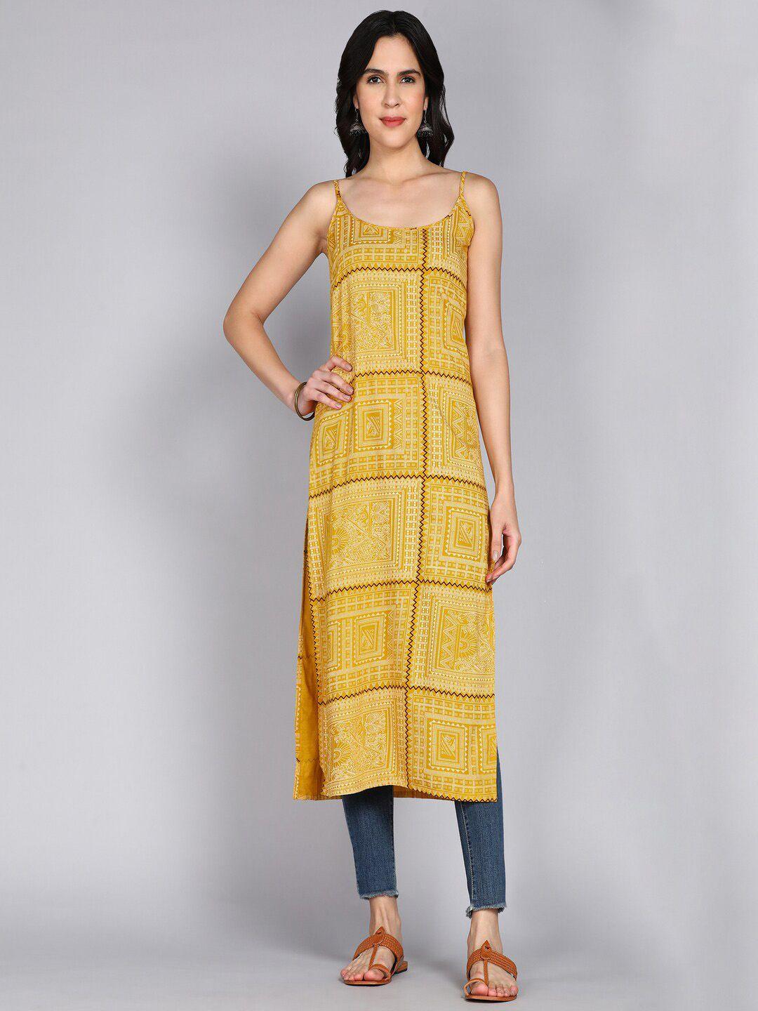 ftdiva shoulder strapped tribal printed straight kurta