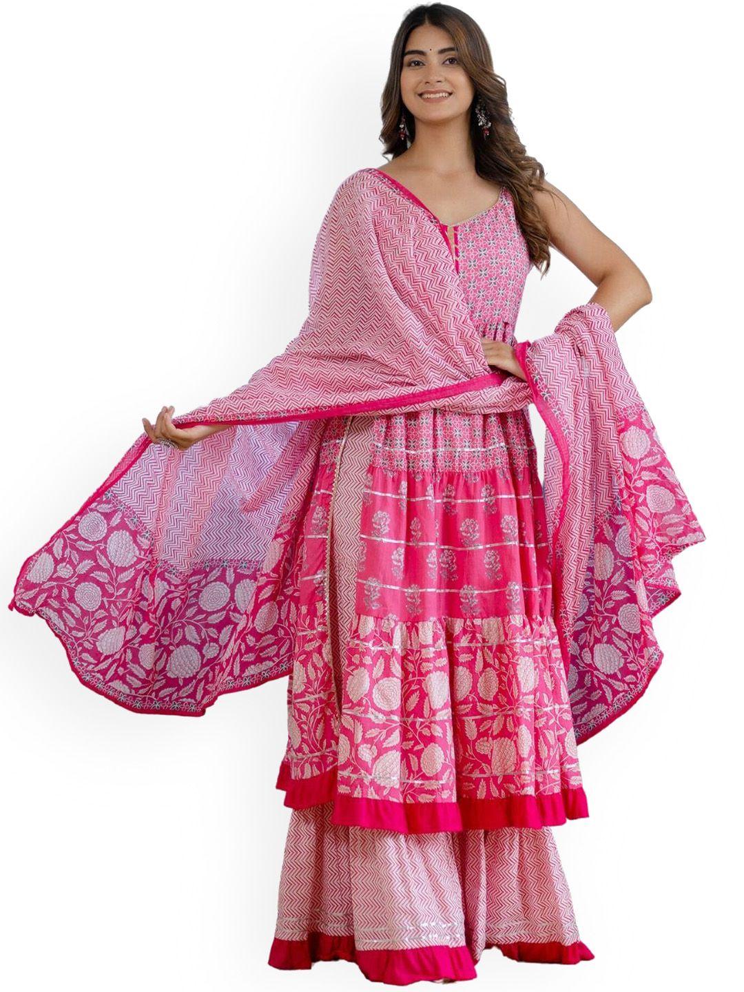 ftdiva women pink ethnic motifs printed empire gotta patti pure cotton kurta with sharara & with dupatta