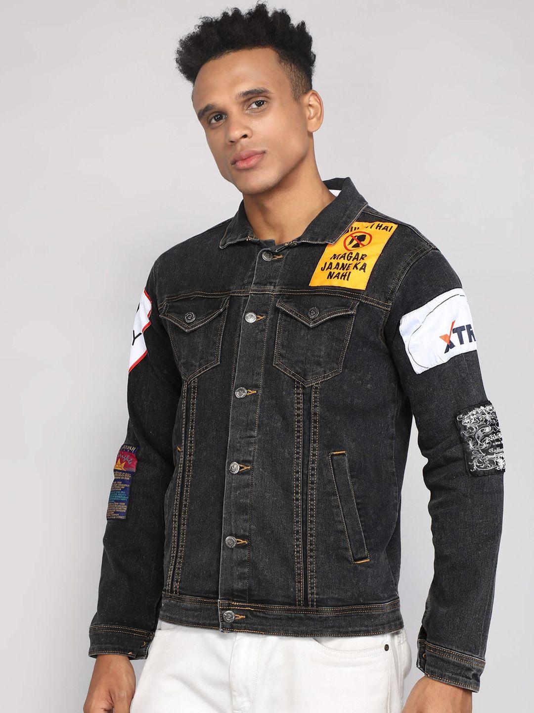 ftx men black washed cotton denim jacket with patchwork