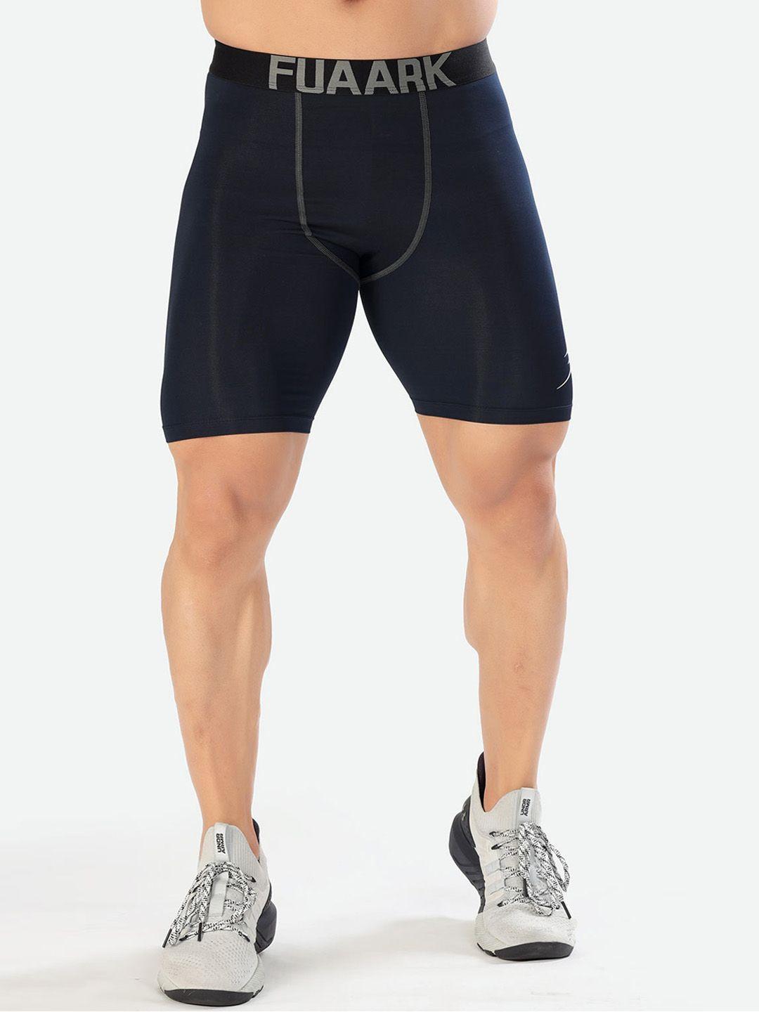 fuaark men navy blue skinny fit high-rise training or gym sports shorts with antimicrobial technology