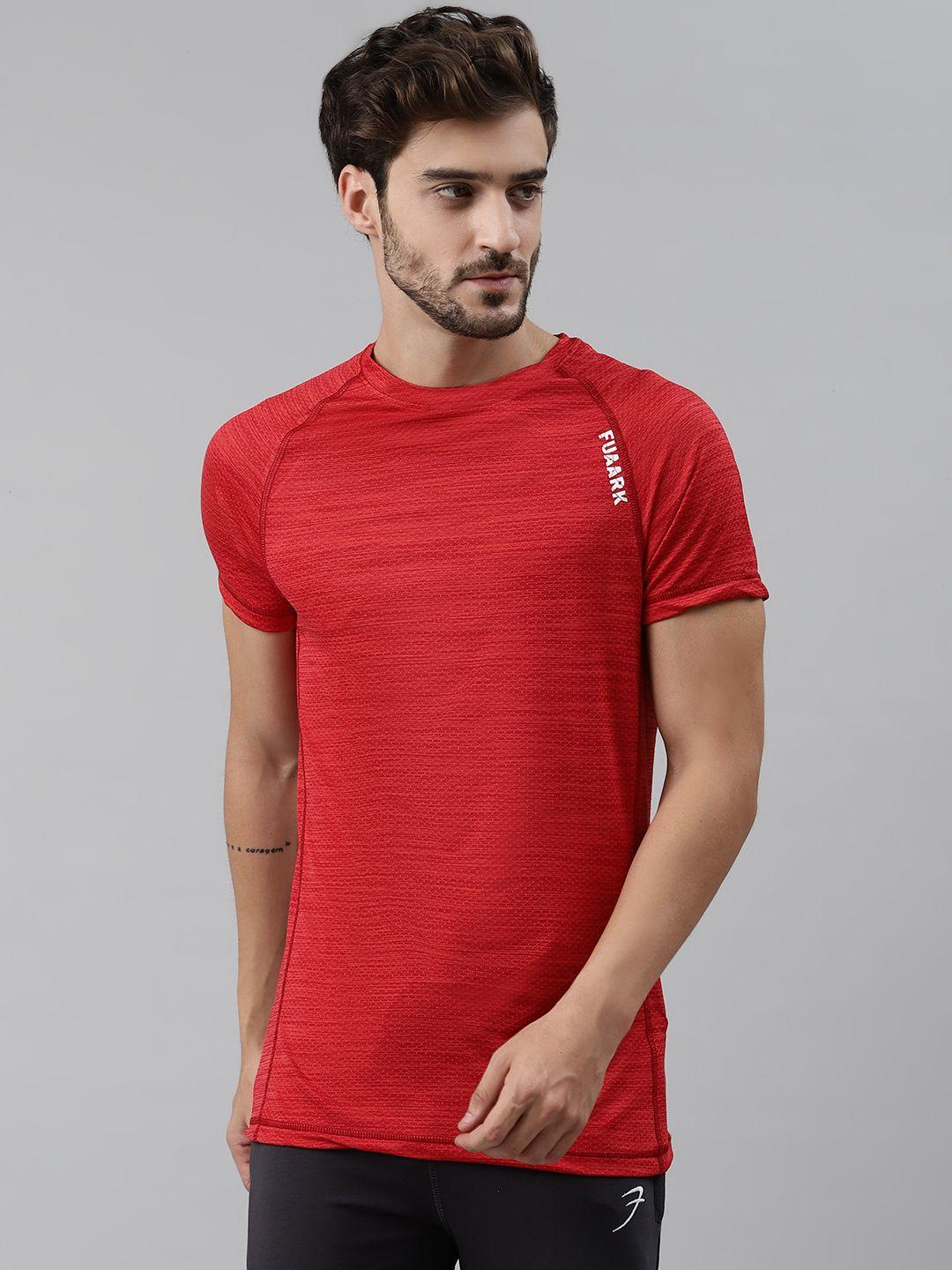 fuaark men red slim fit self design round neck training t-shirt
