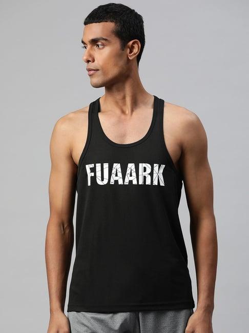 fuaark black regular fit printed gym vests