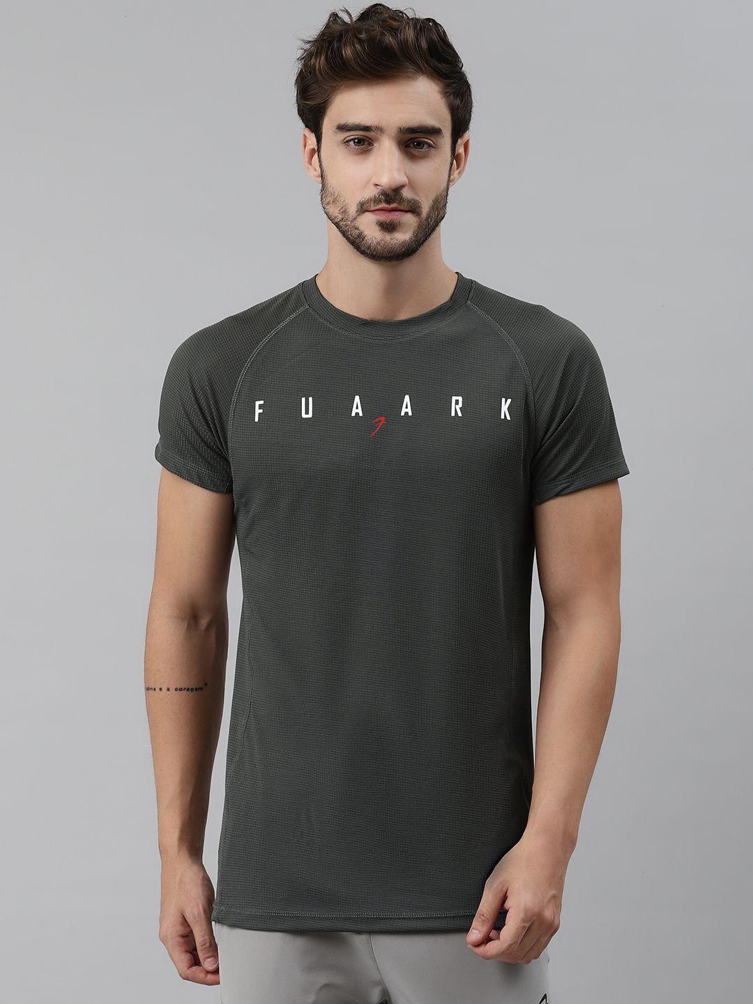 fuaark men charcoal grey slim fit self-checked training t-shirt with brand logo detail