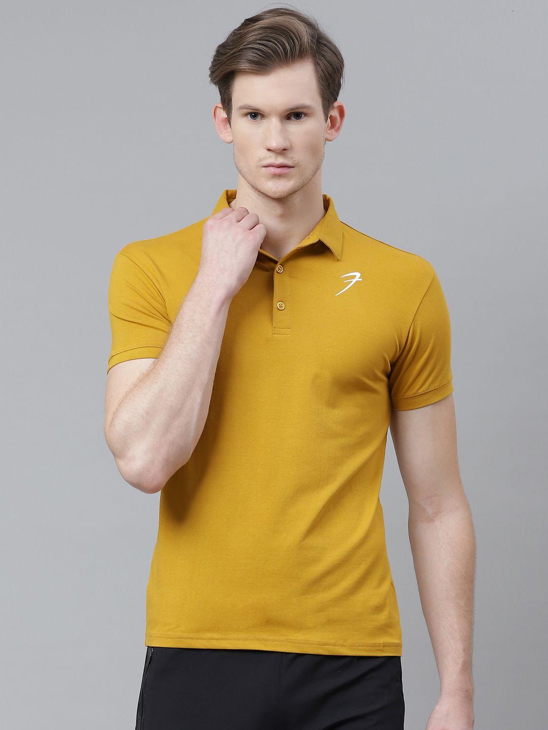 fuaark men mustard yellow solid polo collar slim fit t-shirt