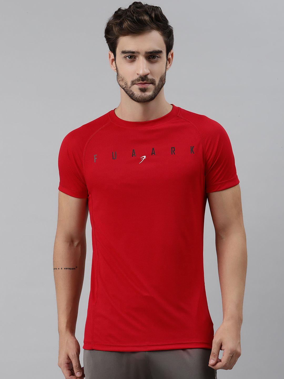 fuaark men red & black slim fit self-checked training t-shirt with brand logo detail