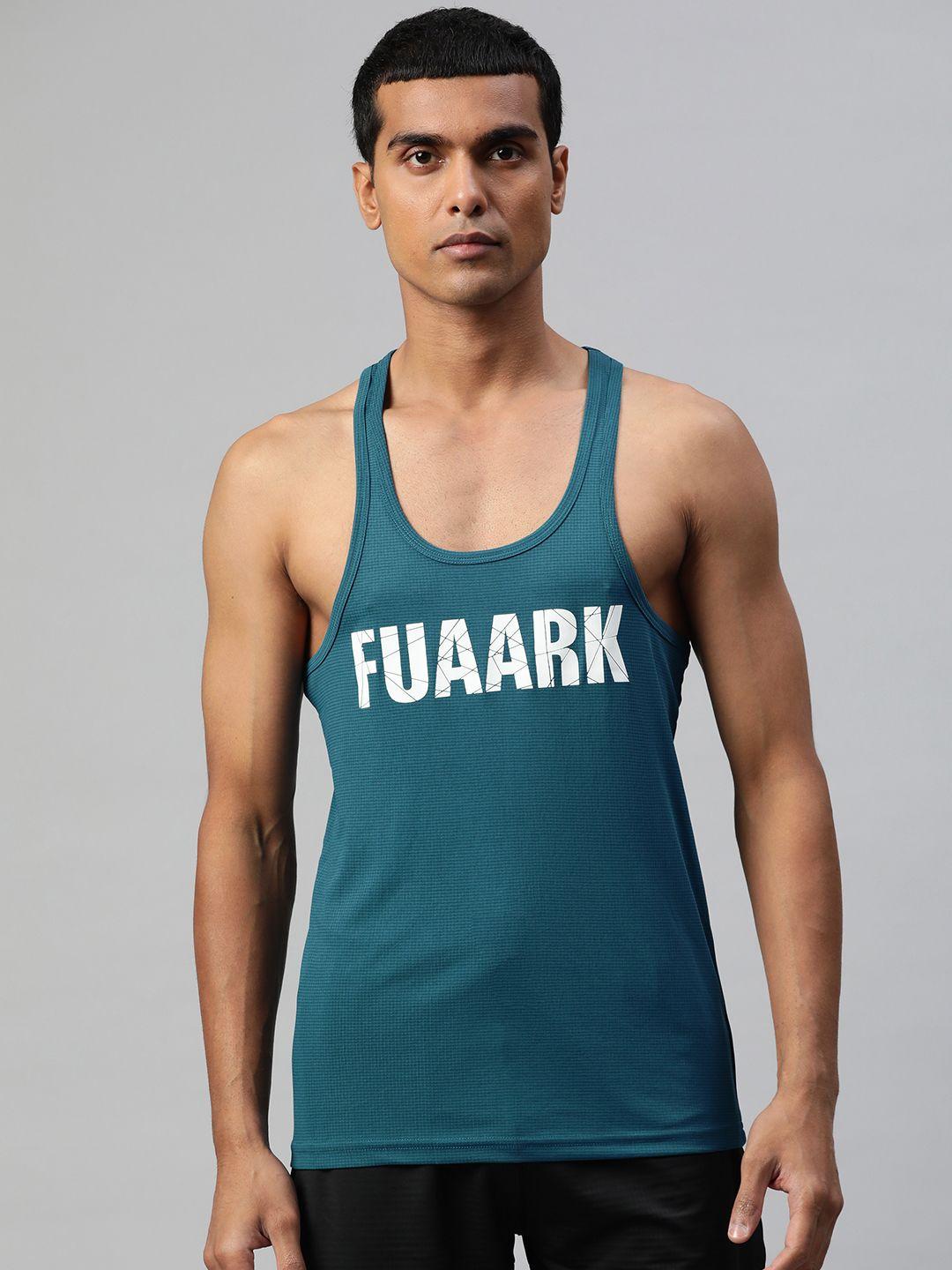 fuaark men teal blue & white brand logo printed sports and gym innerwear vest