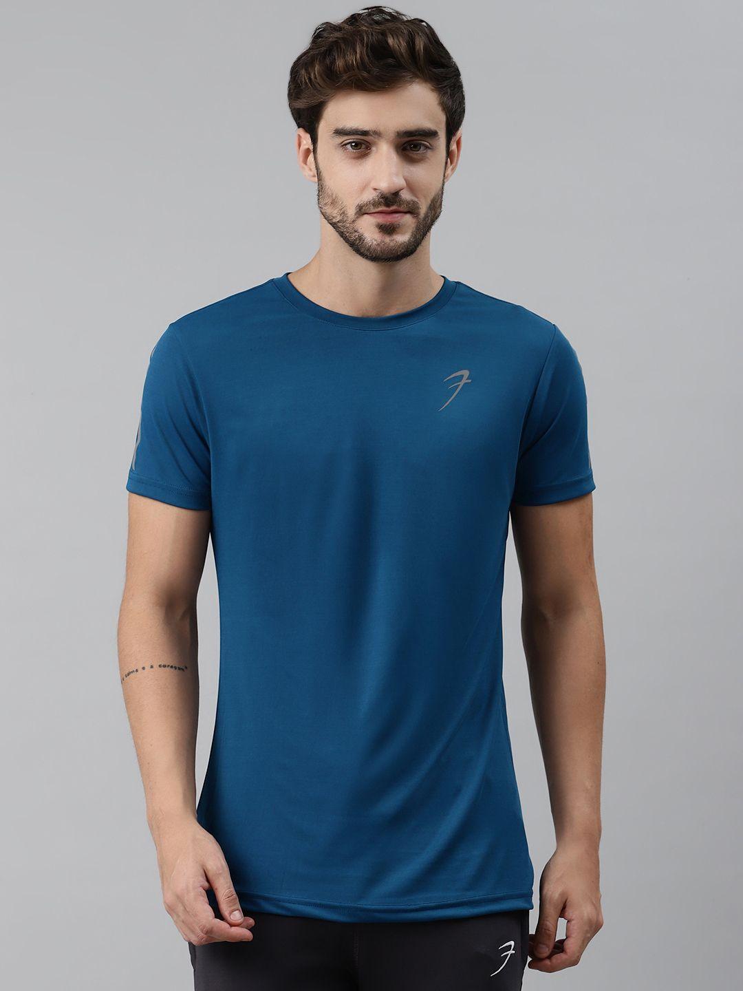 fuaark men teal blue slim fit solid round neck training t-shirt