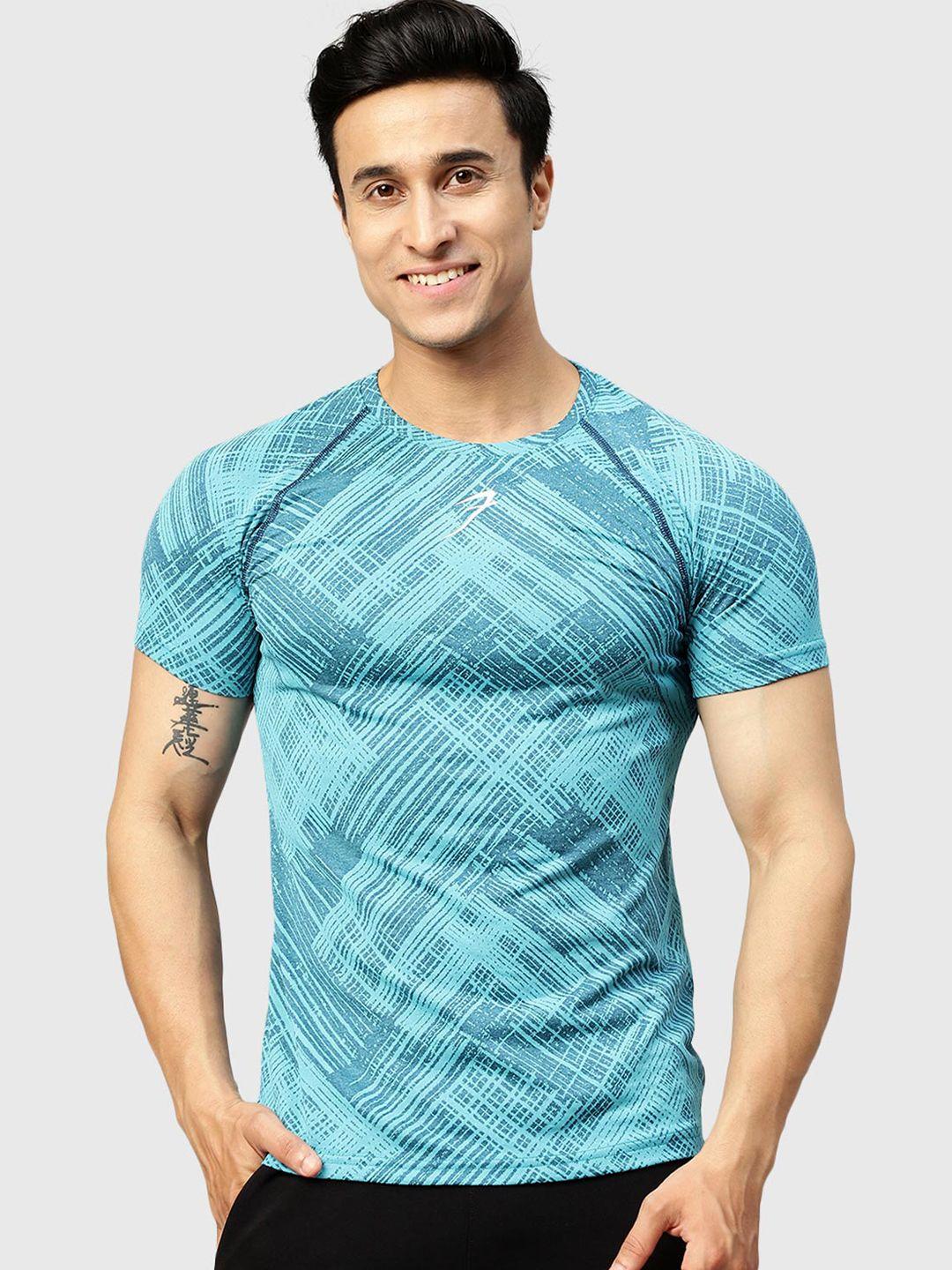 fuaark men teal printed henley neck raw edge slim fit t-shirt