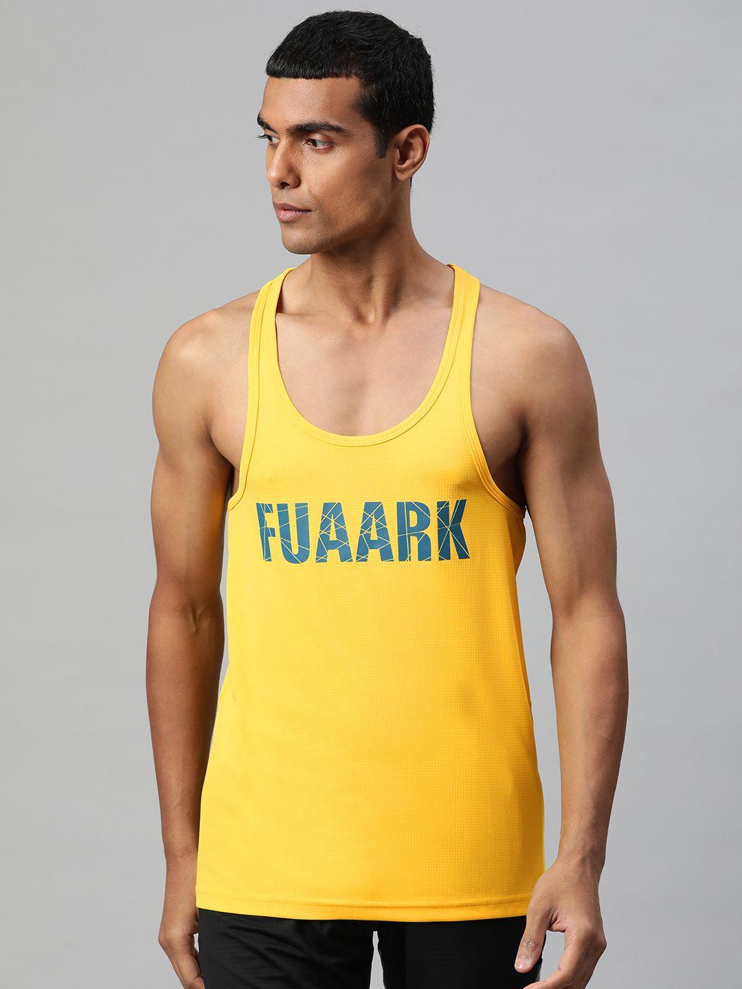 fuaark men yellow & blue brand logo printed sports and gym innerwear vest