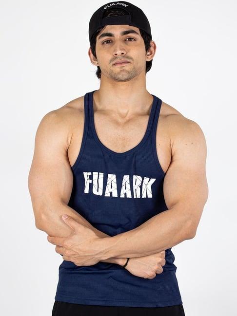 fuaark navy regular fit printed gym vests