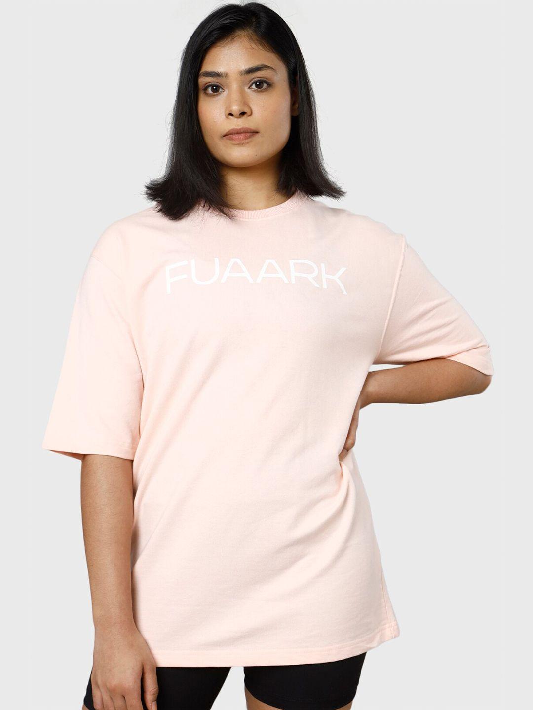 fuaark women typography printed drop-shoulder sleeves moisture wicking raw edge t-shirt