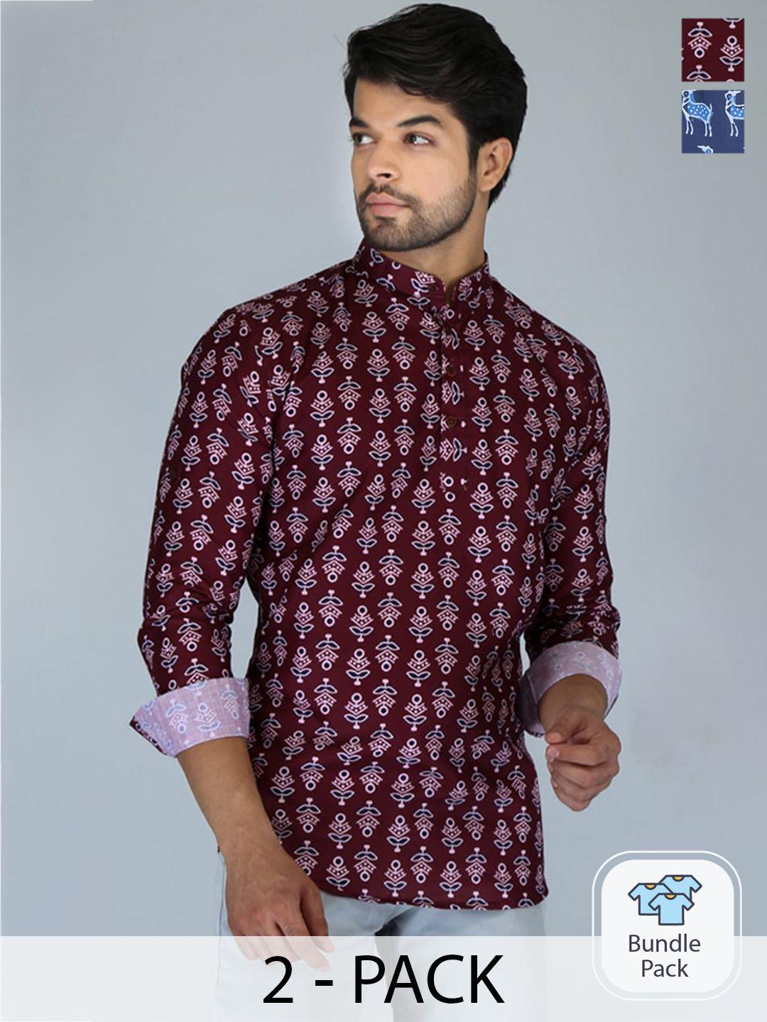 fubar selection of 2 ethnic motifs printed band collar cuffed sleeves straight kurta