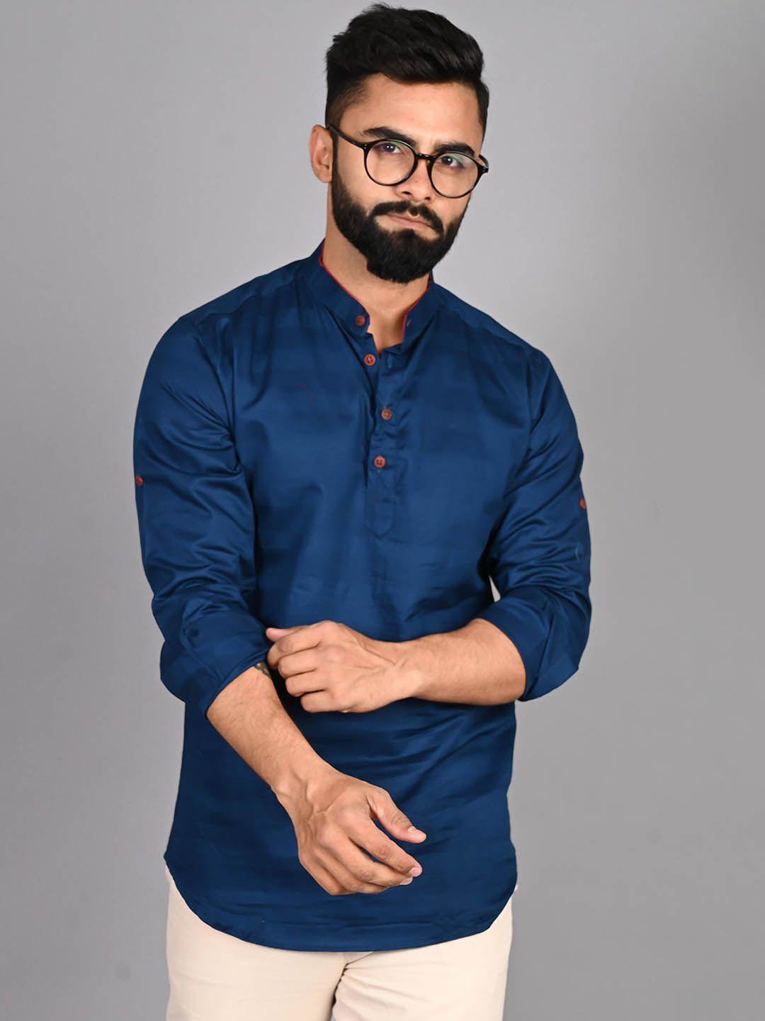 fubar band collar roll-up sleeves indigo short kurta