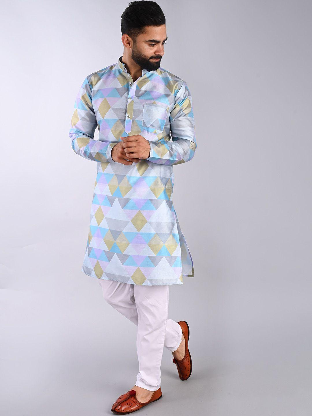 fubar geometric printed band collar long sleeve kurta