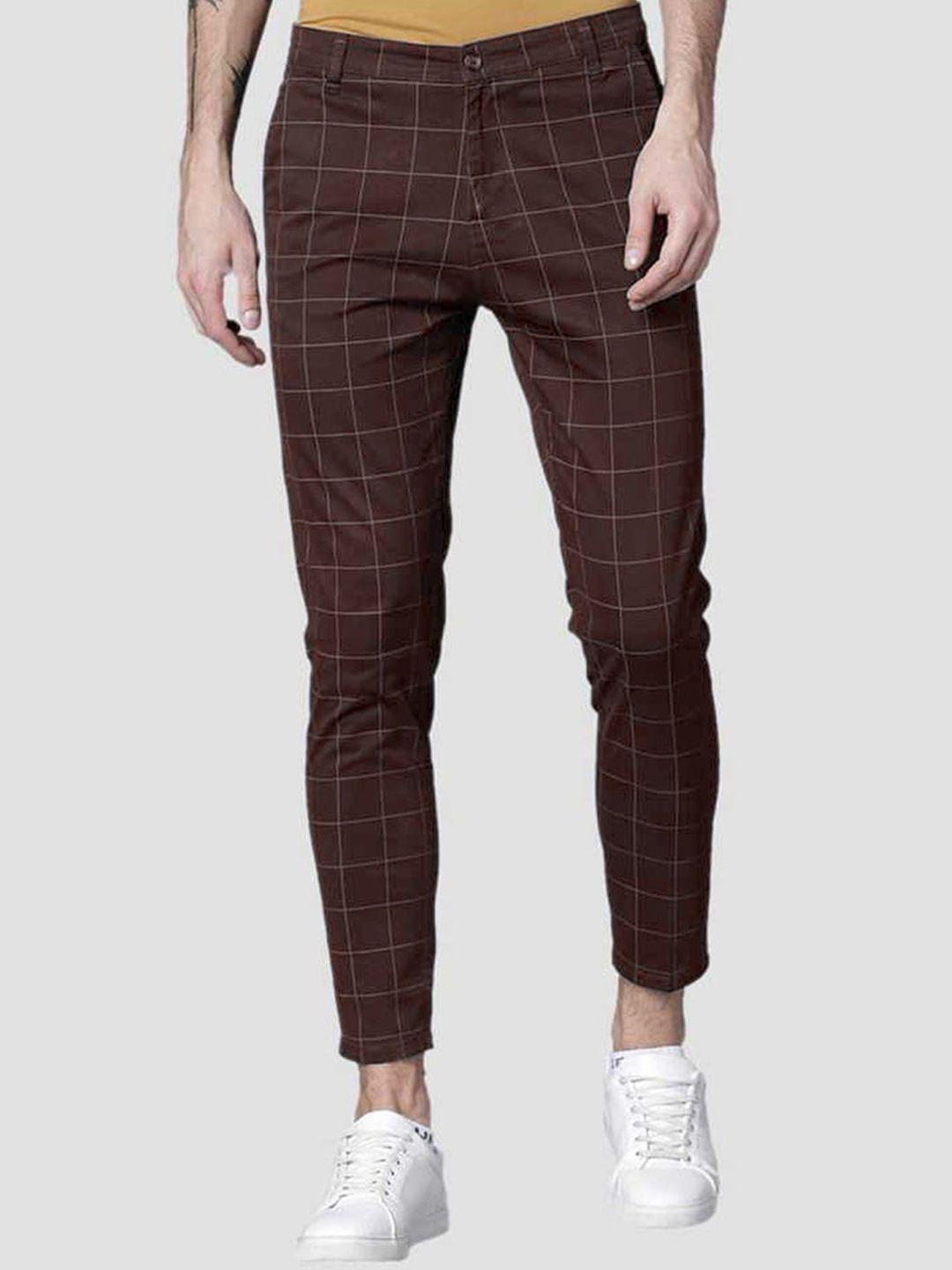 fubar men checked relaxed slim fit easy wash cotton trousers