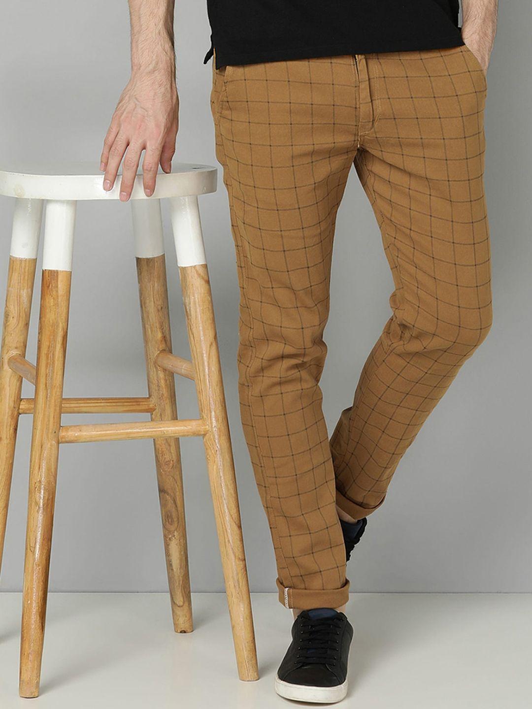 fubar men checked slim fit cotton trousers